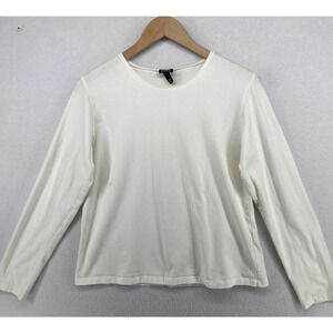 EILEEN FISHER Top M Cotton Stretch Jersey Round Neck Long Sleeve White USA